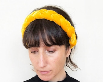 braided velvet headband, yellow velvet headband, big velvet headband, tribal headband, mustard yellow headband, big turban velvet headband