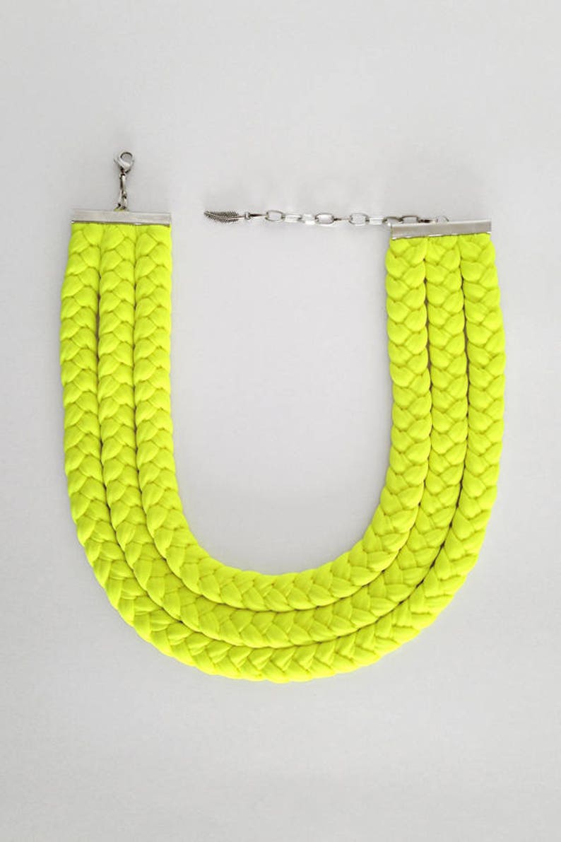 Statement necklace, Neon choker, braided necklace, layered necklace, tribal necklace Triple braid necklace handmade in neon yellow fabric image 4