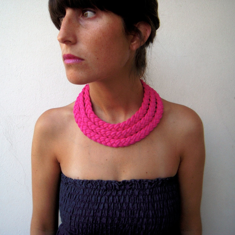 fuchsia braided necklace, fuchsia chunky choker, mom gift, layered chunky necklace, statement fuchsia necklace image 2