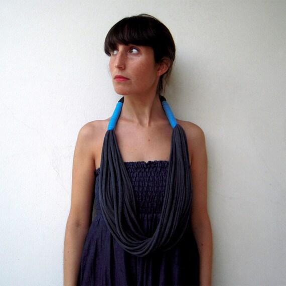 long statement necklace, casual outfit necklace, chunky choker, charcoal fabric necklace, textile jewelry, soft necklace, summer scarf