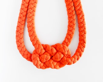 neon orange knotted statement necklace, neon fabric necklace, neon braided choker necklace, neon orange chunky fabric jewelry