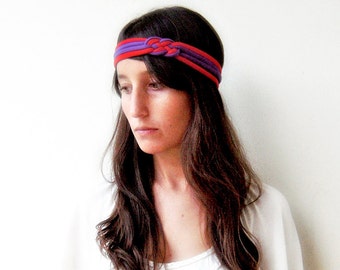 yoga sport headband, red purple headband, chunky headband, knotted headband, cotton fabric headband, chunky bracelet