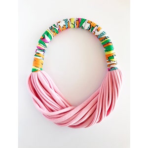 pastel pink statement choker, neon chunky fabric necklace, textile jewelry for sensitive skin, multistrand layered necklace, peruvian cotton