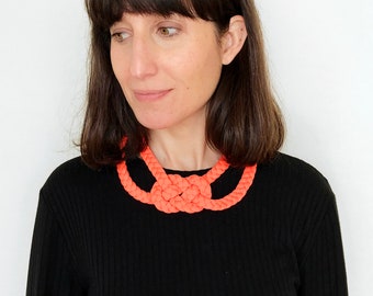 Neon Orange Braided Fabric Statement Necklace, Chunky Choker