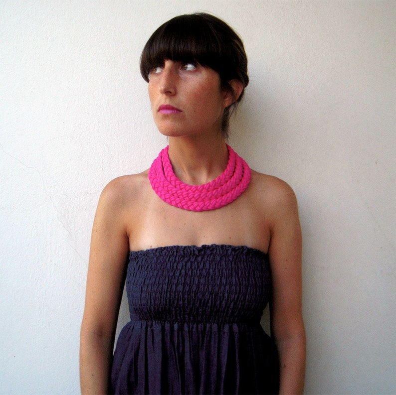 fuchsia braided necklace, fuchsia chunky choker, mom gift, layered chunky necklace, statement fuchsia necklace image 1