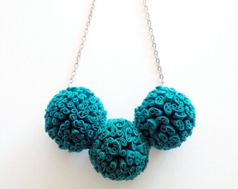 The pompom necklace - handmade in emerald fabric and stainless steel chain