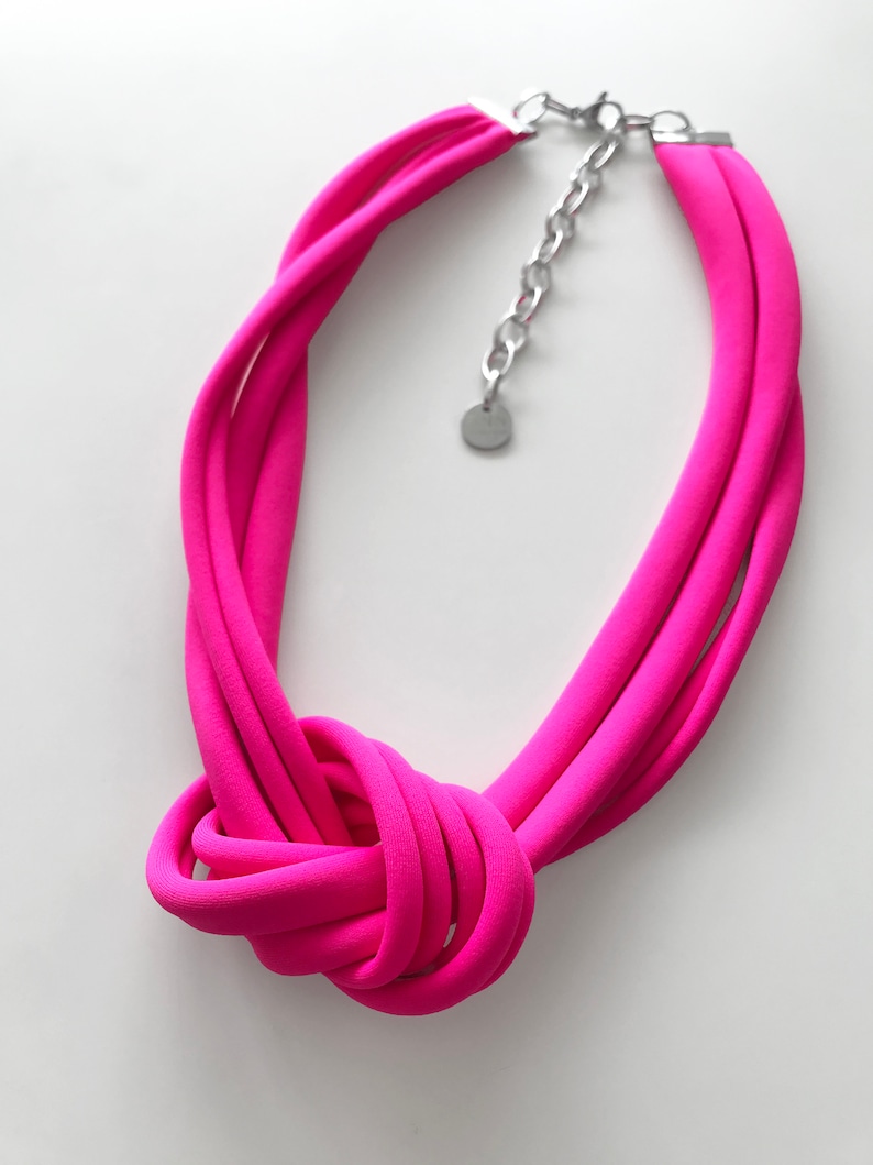 Neon pink knot necklace, chunky necklace, unique knotted choker necklace, statement trendy necklace, textile jewelry image 5