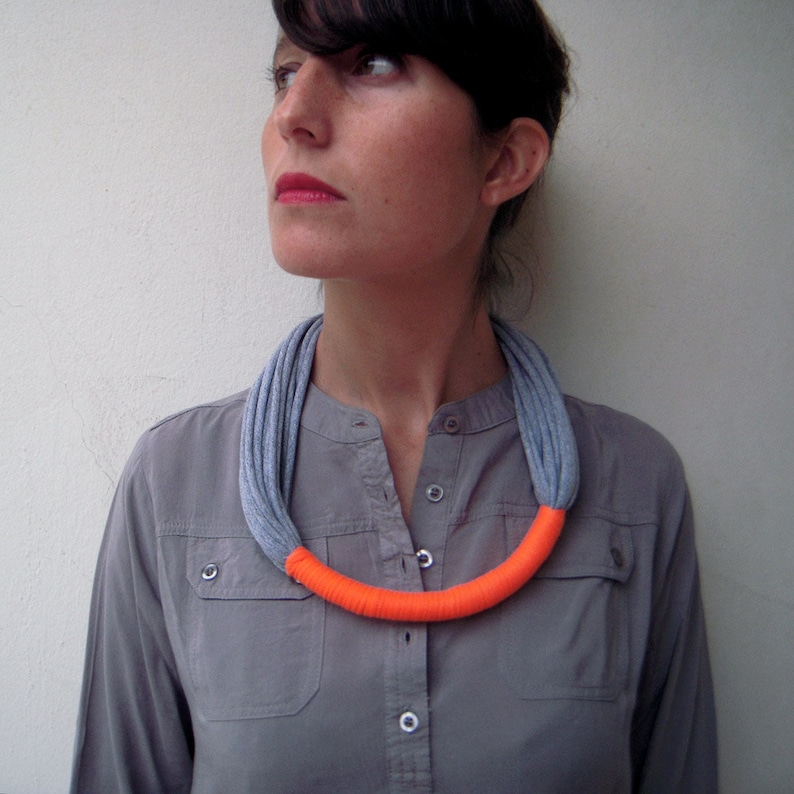 Neon necklace, statement necklace, gift for her, textile necklace The funky neon necklace handmade in orange and grey jersey fabric image 2