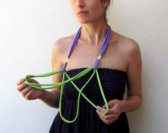 The birdie necklace - handmade in lime green and lilac jersey fabrics with neon yellow strands