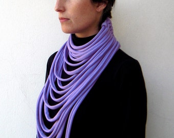 layered textile necklace, lilac long statement necklace, wearable art necklace, peruvian cotton fabric scarf, textile jewelry choker