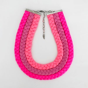 statement necklace, neon necklace, neon choker, pink necklace, fuchsia necklace, textile jewelry, neon braided necklace, fabric necklace image 2