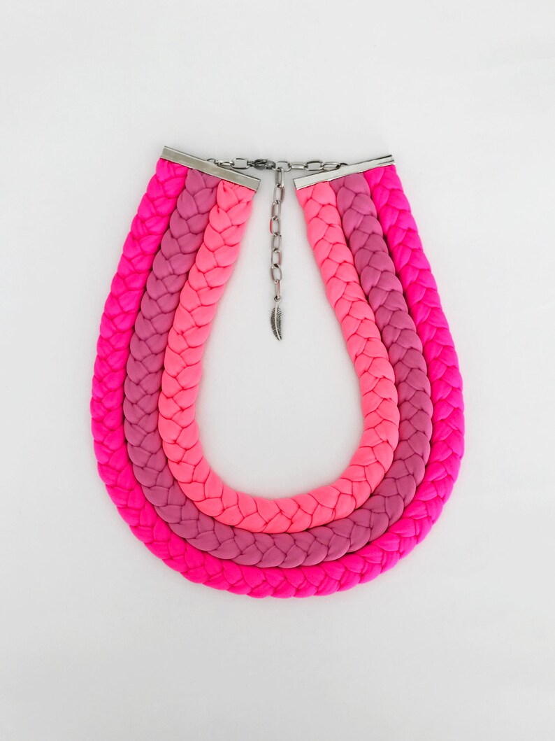 statement necklace, neon necklace, neon choker, pink necklace, fuchsia necklace, textile jewelry, neon braided necklace, fabric necklace image 2