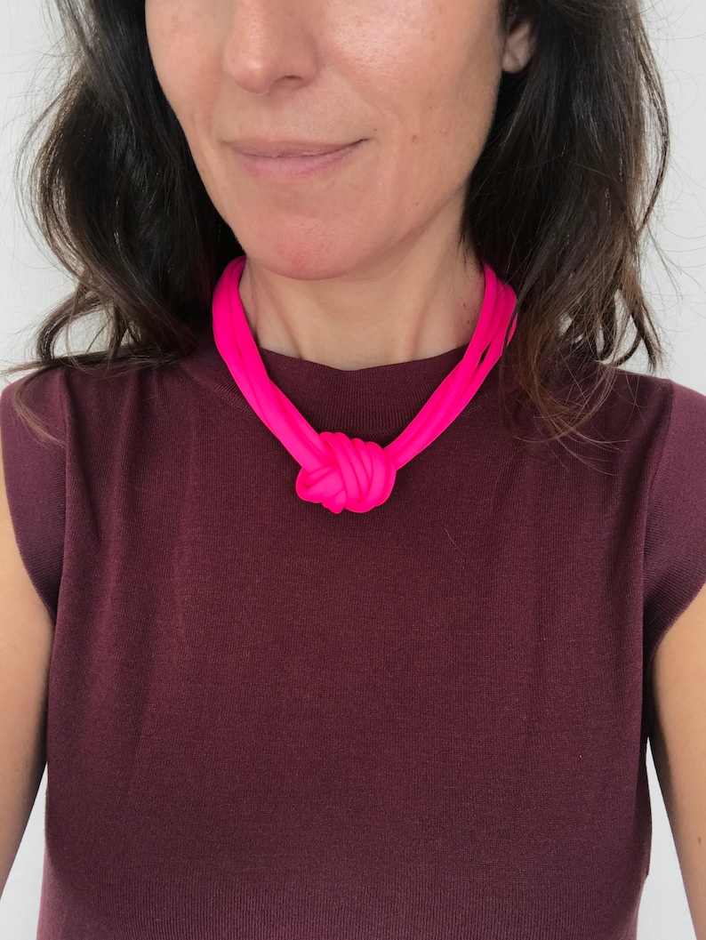 Neon pink knot necklace, chunky necklace, unique knotted choker necklace, statement trendy necklace, textile jewelry image 2