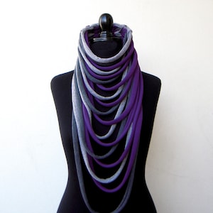 purple long layered necklace, african inspired multistrand necklace, chunky fabric necklace, tribal statement jewelry, layered and long