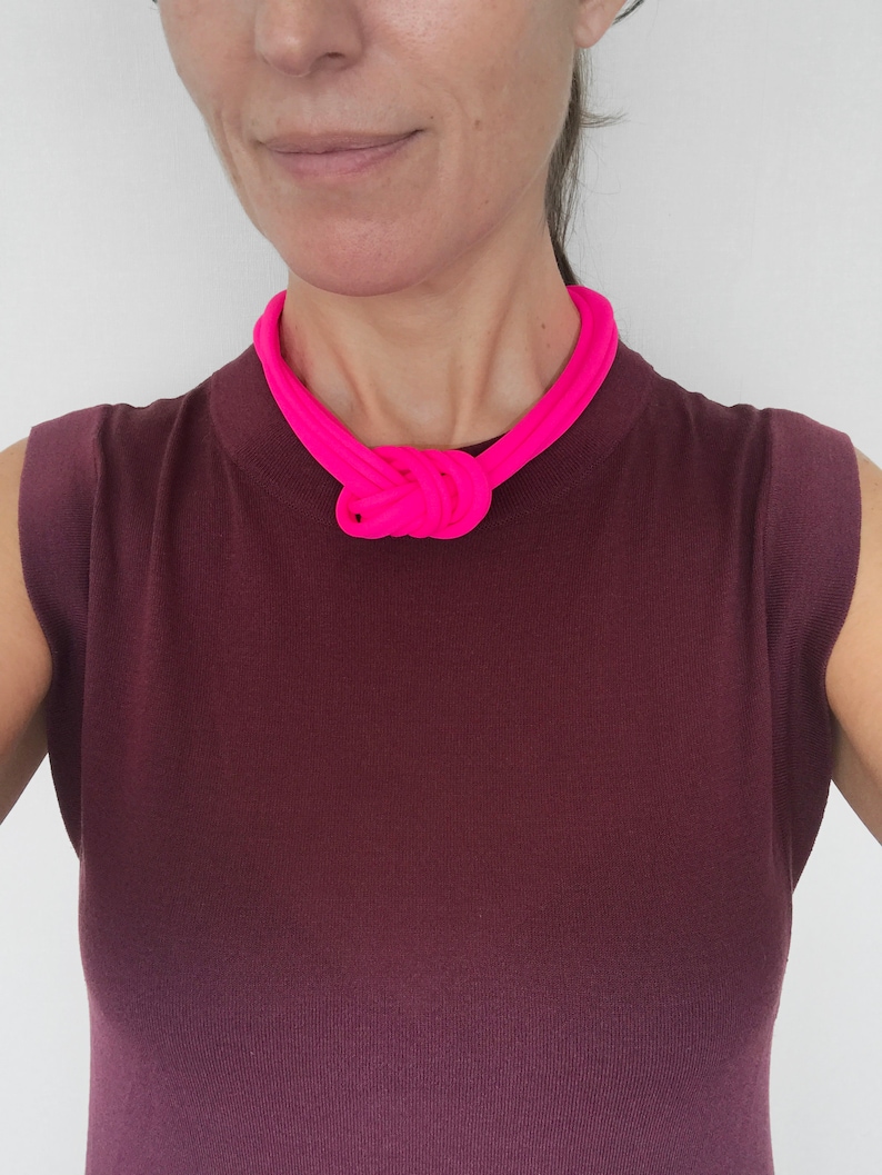 Neon pink knot necklace, chunky necklace, unique knotted choker necklace, statement trendy necklace, textile jewelry image 6