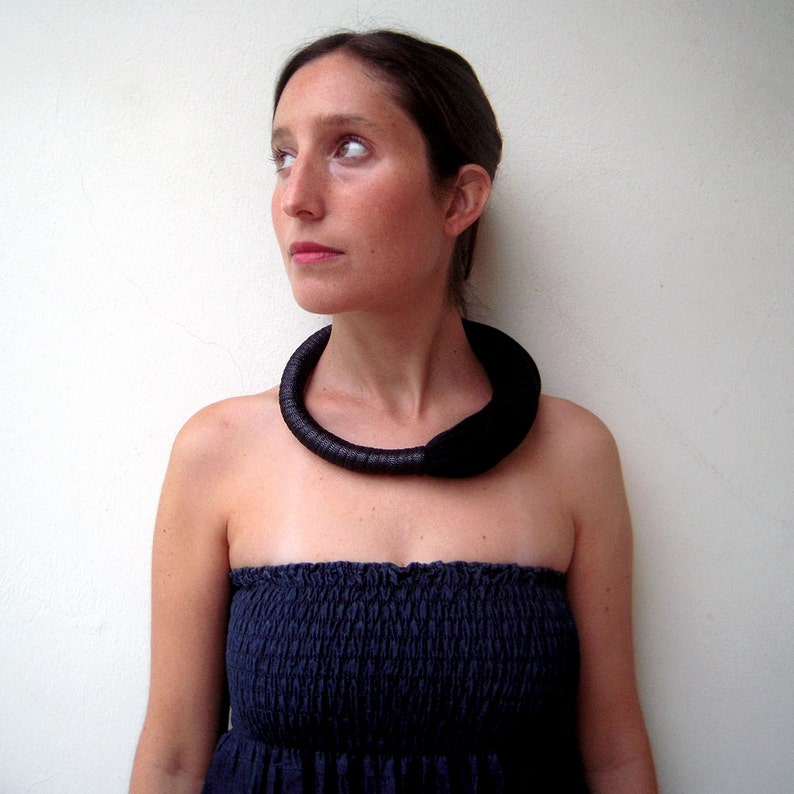 layered black necklace, statement choker necklace, textile jewelry, peruvian cotton, black chunky necklace image 4