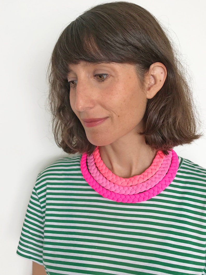 statement necklace, neon necklace, neon choker, pink necklace, fuchsia necklace, textile jewelry, neon braided necklace, fabric necklace image 1