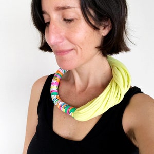 pastel yellow statement choker, neon chunky necklace, 90s necklace, 90s clothing, friend gift ideas, layered necklace, peruvian cotton