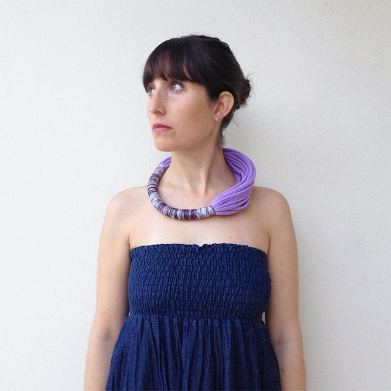 lilac chunky choker, statement lilac necklace, multistrand jersey necklace, lilac statement choker, textile jewelry, mom gift