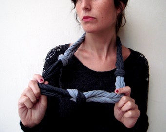 Statement necklace, textile necklace, gift for her - The three knots necklace - handmade in pearl grey and charcoal jersey fabric