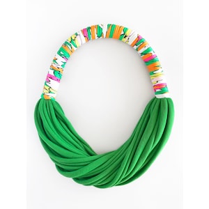 green fabric statement choker, neon chunky necklace, textile jewelry for sensitive skin, multistrand layered necklace, peruvian cotton