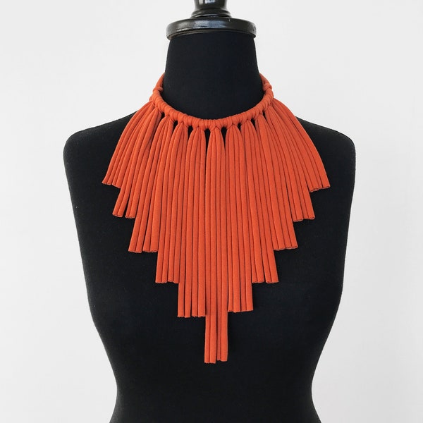 terracotta statement necklace, burnt orange african choker necklace, tribal fringes fabric necklace, adjustable textile boho jewelry