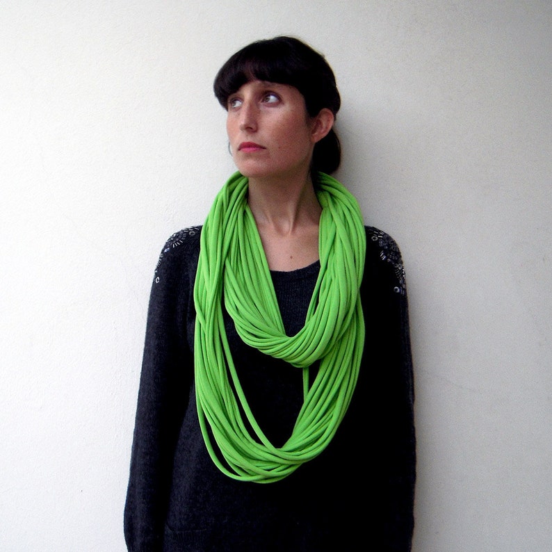 lime green statement necklace, infinity scarf, peruvian cotton fabric, textile jewelry, green layered necklace, multistrand scarf image 4