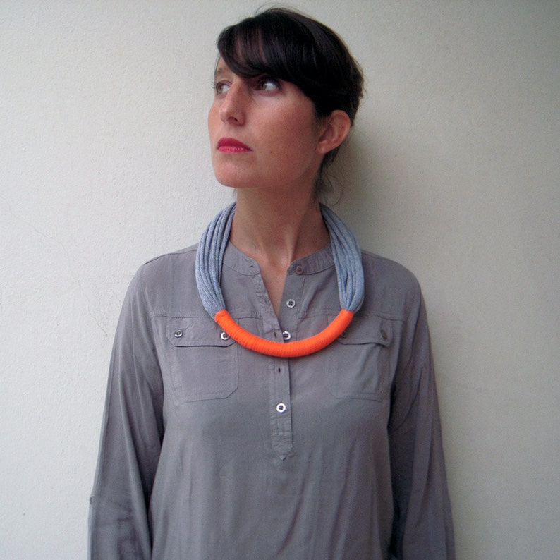 Neon necklace, statement necklace, gift for her, textile necklace The funky neon necklace handmade in orange and grey jersey fabric image 4