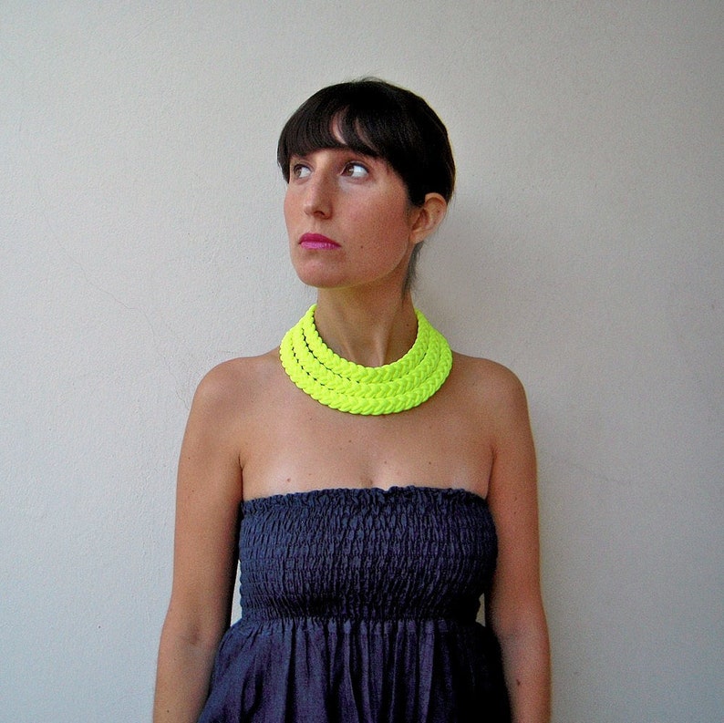 Statement necklace, Neon choker, braided necklace, layered necklace, tribal necklace Triple braid necklace handmade in neon yellow fabric image 1