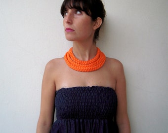 orange necklace, colorful necklace, fabric necklace, party choker - The triple braid necklace - handmade in shiny orange fabric