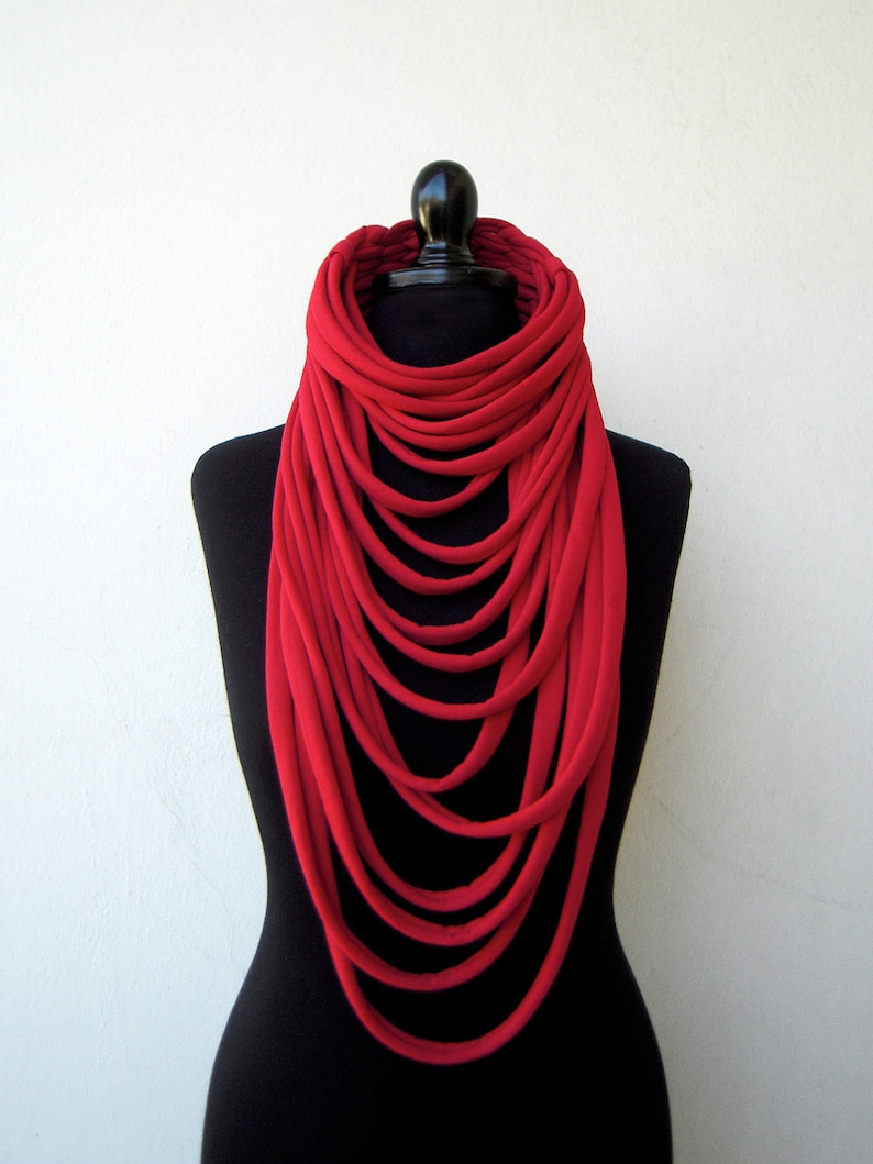 Scarves for women, statement necklace, red scarf, red necklace, textile accessories, fabric necklace, textile jewelry, birdienumnumshop image 3