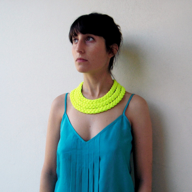 Statement necklace, Neon choker, braided necklace, layered necklace, tribal necklace Triple braid necklace handmade in neon yellow fabric image 3