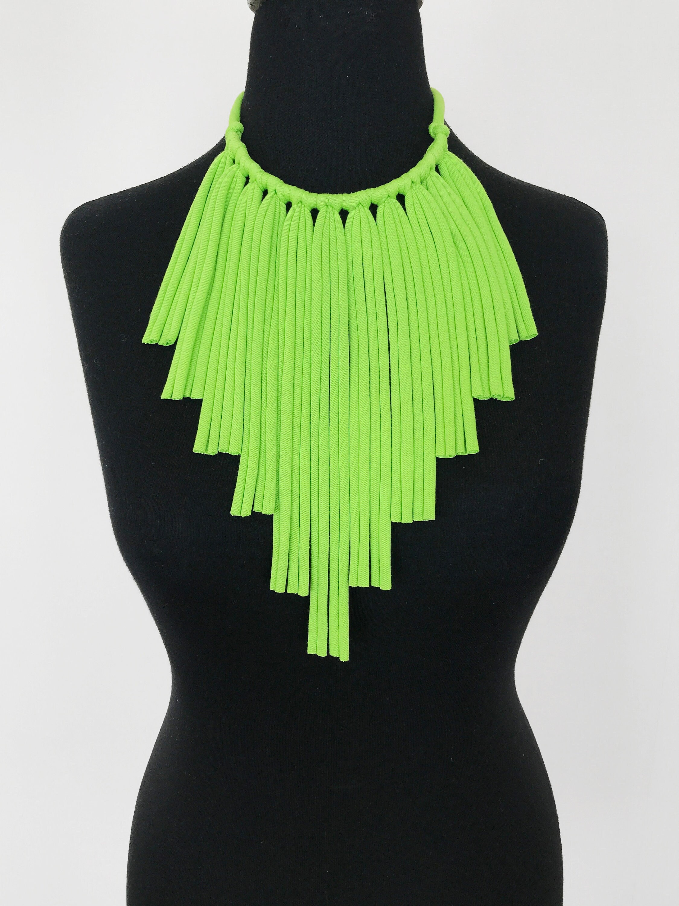 Lime Green Fringed Choker Necklace, Peruvian Cotton, Adjustable