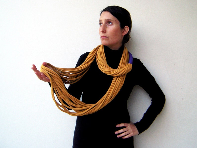 Infinity scarf, fabric scarf, long necklace, mom gift, boyfriend gift, mustard infinity scarf, jersey fabric necklace, peruvian cotton scarf image 1
