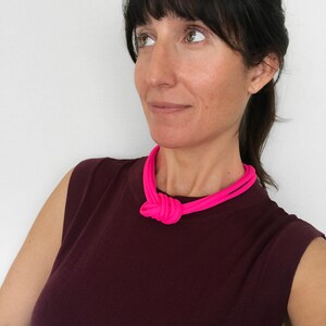 Neon pink knot necklace, chunky necklace, unique knotted choker necklace, statement trendy necklace, textile jewelry image 4