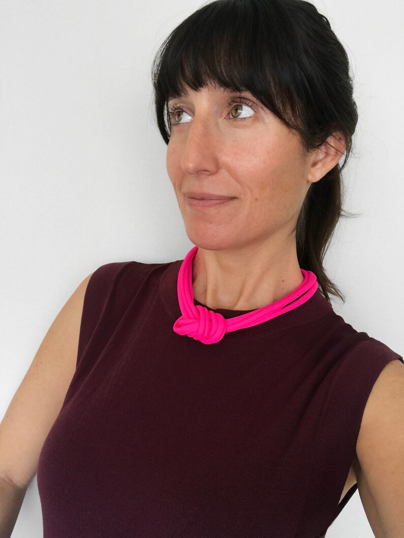 Neon pink knot necklace, chunky necklace, unique knotted choker necklace, statement trendy necklace, textile jewelry image 4