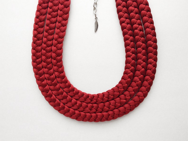 red choker necklace, statement fabric necklace, textile jewelry, burgundy braided necklace, unique handmade necklace, contemporary jewelry image 1