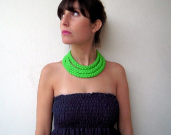 kelly green statement chunky choker necklace, green textile bib necklace, layered necklace