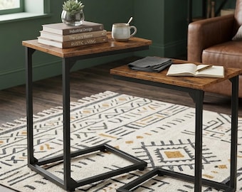 C Shaped Side Table Set of 2, Slide Under Couch End Tables, Sofa Tray Table, Small Space Living Room Bedroom Furniture