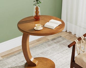 Mesita auxiliar redonda en forma de C, mesa auxiliar de sofá estilo bohemio, mesita de noche retro, muebles de madera marrón.