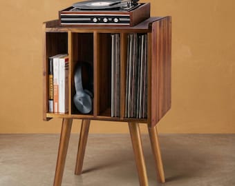 Acacia Wood Record Player Stand, Mid Century Modern LP Storage Cabinets