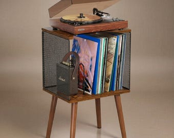Retro Record Player Stand with Vinyl Storage, Turntable Table, LP Shelf