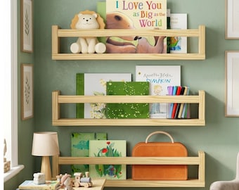 Natural Wood Nursery Shelves Set of 3, Kids Floating Book Display, Toddler Room Organizer