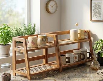 Two Tier Wooden Storage Shelf, Vintage Cream Countertop Organizer, Wooden Desk Shelf for Kitchen, Office, Bedroom & Dorm Room Decor