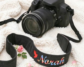 Personalized Embroidered Camera Strap, Custom DSLR Neck Strap, Adjustable Cotton & Leather Camera Strap, Photographer Gift