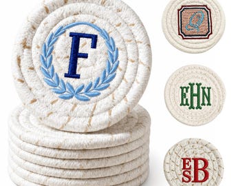 Personalized Cotton Rope Coaster, Custom Embroidered Monogram Coaster, Absorbent Drink Coaster for Boho Farmhouse Decor, Housewarming Gift