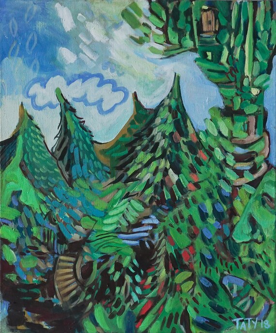 Wall art. Oil on paper The original work Landscape Green taiga