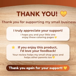 K&ouml;nnte beinhalten: Eine digitale Dankeskarte mit Holzmaserung-Hintergrund, die den Text THANK YOU! sowie Nachrichten zur Wertsch&auml;tzung der Unterst&uuml;tzung eines kleinen Unternehmens, Freude an Malvorlagen und eine Bitte um Feedback mit gelben Herz- und Sternsymbolen enth&auml;lt.