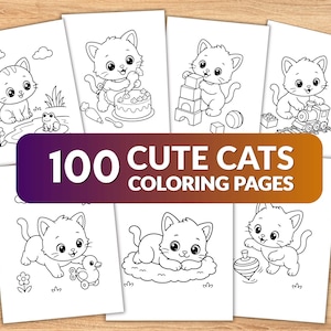 May include: A collection of black and white colouring pages featuring kittens in various activities, including playing with a toy train, blocks, a duck, and a top. A central banner displays the text 100 CUTE CATS COLOURING PAGES in white font.