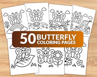 50 Butterfly Coloring Pages for Kids, Easy Printable Coloring Book, Toddler Butterfly Coloring Pages PDF, Cute Spring Activity, Digital Down